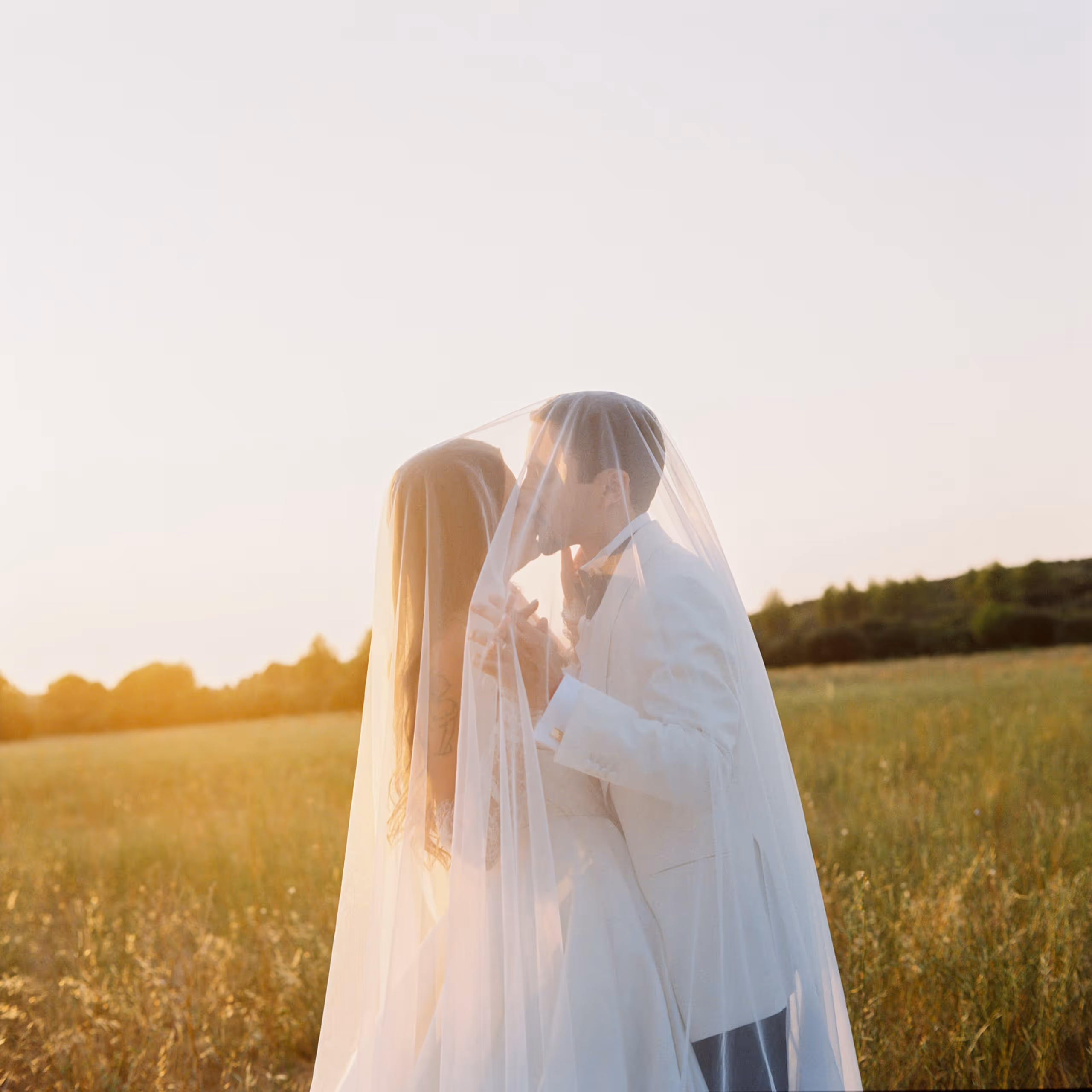 Bride and groom kissing beneath her veil in a golden field at sunset, provence, south of france, wedding photography, shot on film
