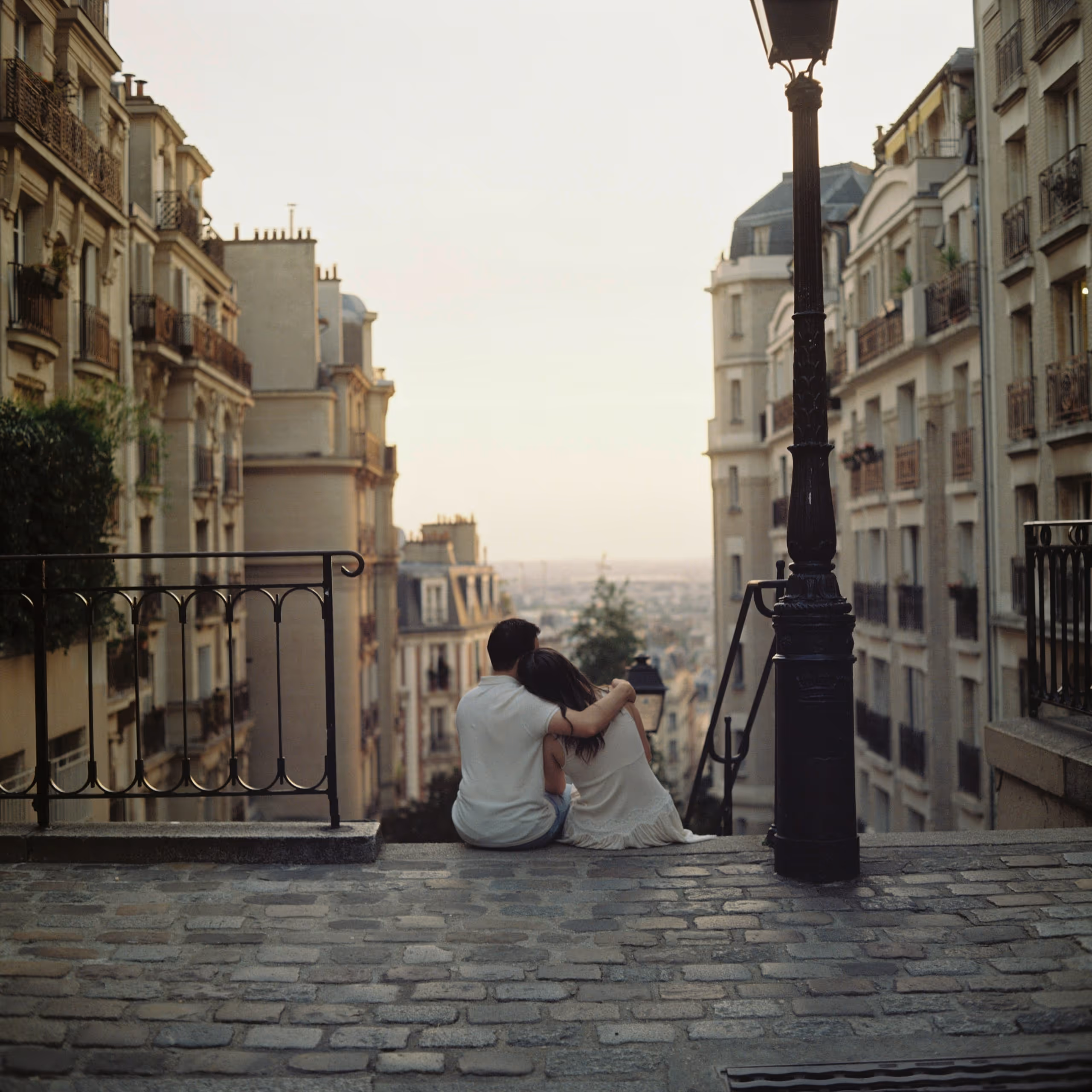 A couple seen from behind, sitting together at the top of a Montmartre stairway, her head on his shoulder, looking down a street of Parisian buildings towards the city.